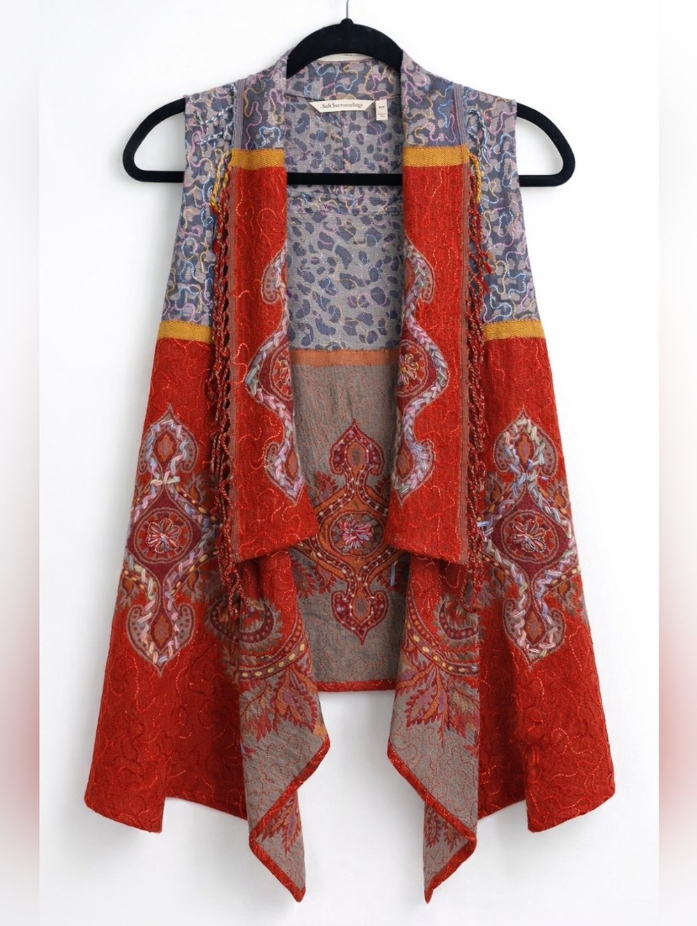 Soft Surroundings Red & Gray Paisley Open-Front Vest